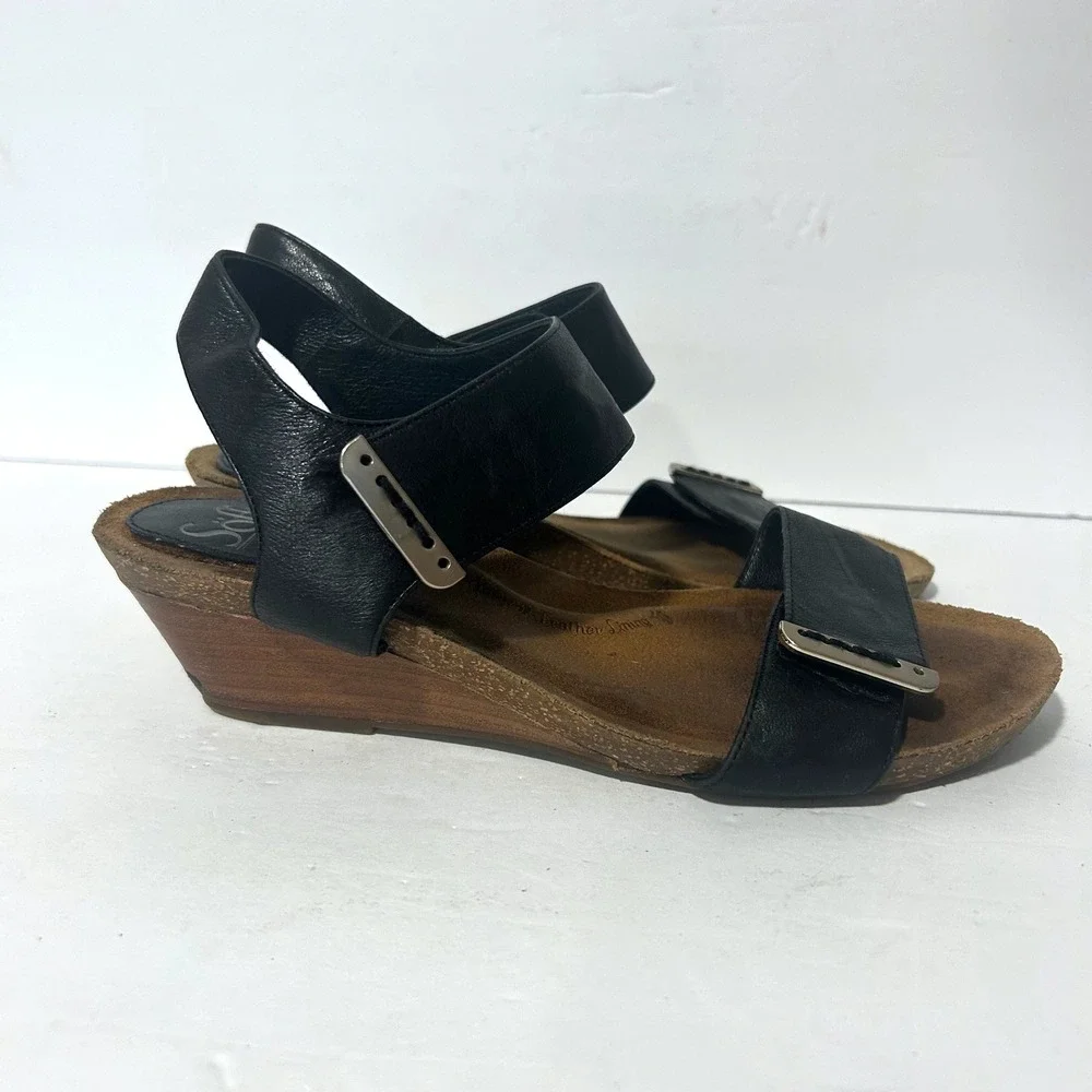Sofft Wedge Sandals Womens 8M Black Leather Ankle Strap FS0002001 Comfort Boho